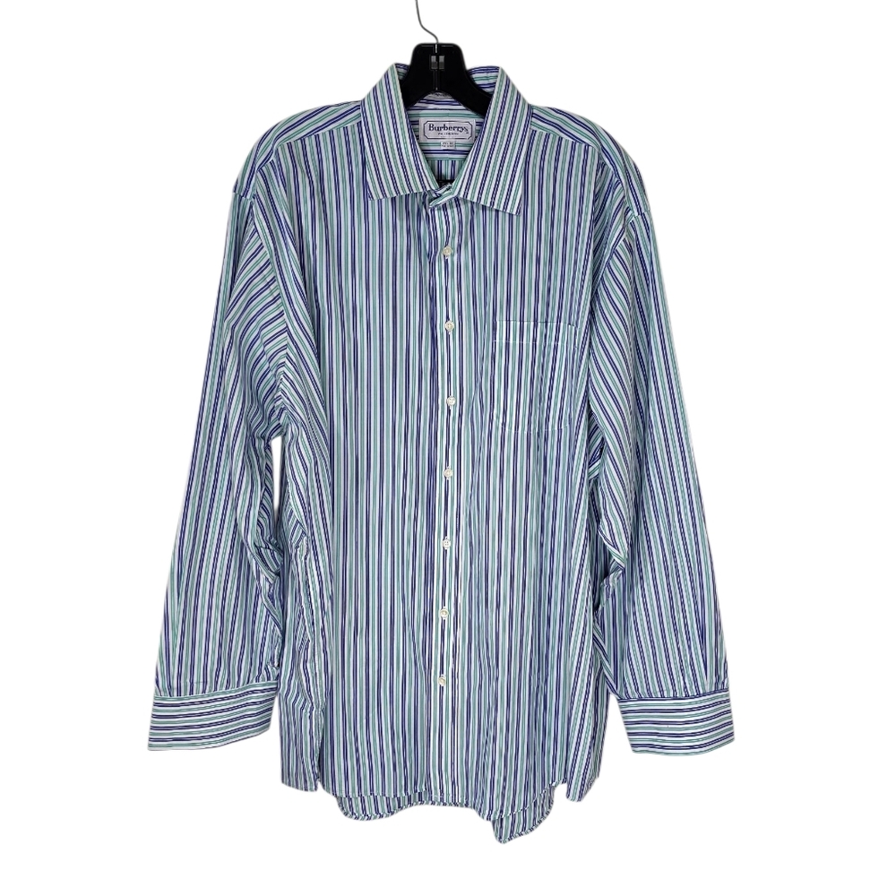 Burberry Of London Green Blue Stripe Button Up Dress Shirt Men's 17.5 35‎ XL
